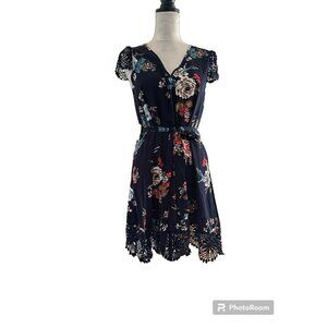 Women's Floral Print Contrast Lace Dress Flutter Sleeves Fairy Cottagecore  Sz 4